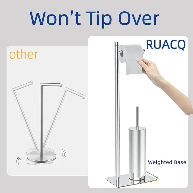 RUACQ Toilet Paper Holder Stand with Toilet Brush and Holder Set, 304 Stainless Steel Bathroom Toilet Tissue Paper Roll Holder Free Standing, Weighted Base, Heavy Duty (Chrome) - ModernBath