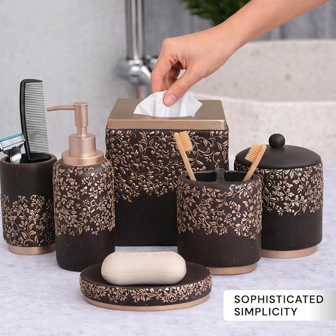 Decozen Bathroom Accessories Set 6Pcs – Soap Dispenser, Toothbrush Holder, Tumbler, Soap Dish & Cotton Swab Jar – Modern Bathroom Decor, Bath Set for Christmas Decor, Stella - ModernBath