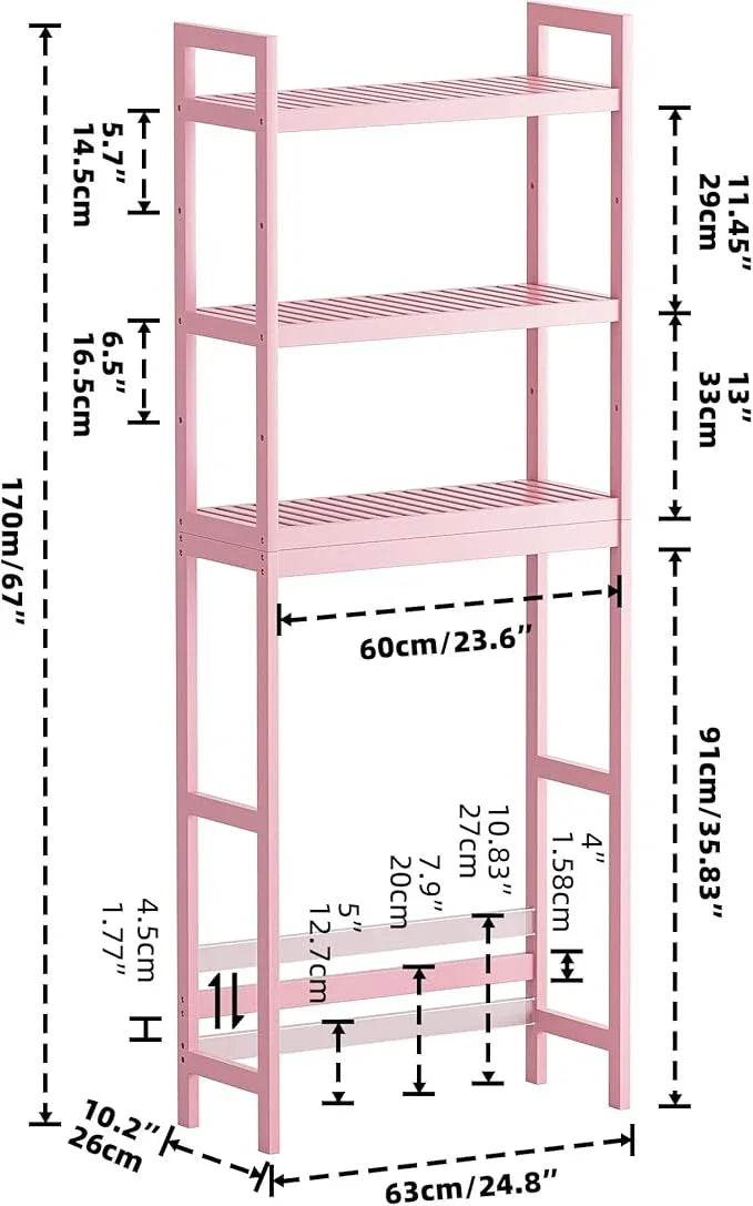 SMIBUY Bathroom Storage Shelf, Bamboo Over-The-Toilet Organizer Rack, Freestanding Toilet Space Saver with 3-Tier Adjustable Shelves (Pink) - ModernBath