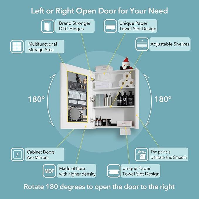 Bathroom Mirror Cabinet - Large Single Door 24x30 inchs Wall Cabinet Bathroom Vanity Mirror Cabinet with Facial Tissues Slot and Multifunctional Storage Area - ModernBath