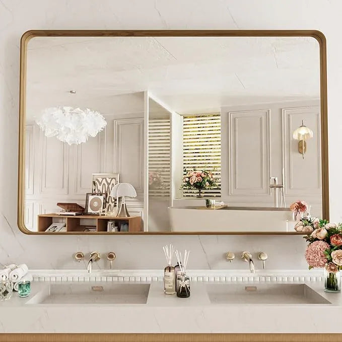 LOAAO 55X36 Inch Bathroom Mirror with Wood Grain Colored Metal Frame, Rounded Rectangle Metal Framed Bathroom Mirror, Anti-Rust, Hangs Horizontally or Vertically, Tempered Glass - ModernBath