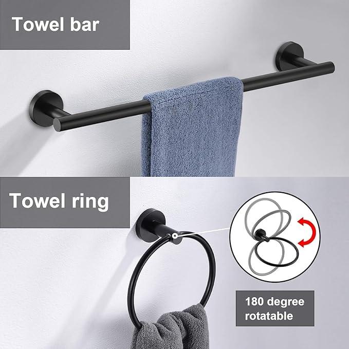 5 Pieces Matte Black Bathroom Hardware Accessories Set, SUS304 Stainless Steel 24 Inch Bath Towel Bar Set, Round Bathroom Towel Holder Set, Towel Racks for Bathroom Wall Mounted - ModernBath