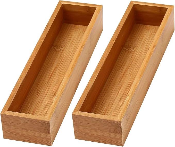 YBM Home Bamboo Drawer Organizer Storage Box for Kitchen Drawer, Junk Drawer, Office, Bedroom, Children Room, Craft, Sewing, and Bathroom, 2 Pack 3x12x2 inch - ModernBath