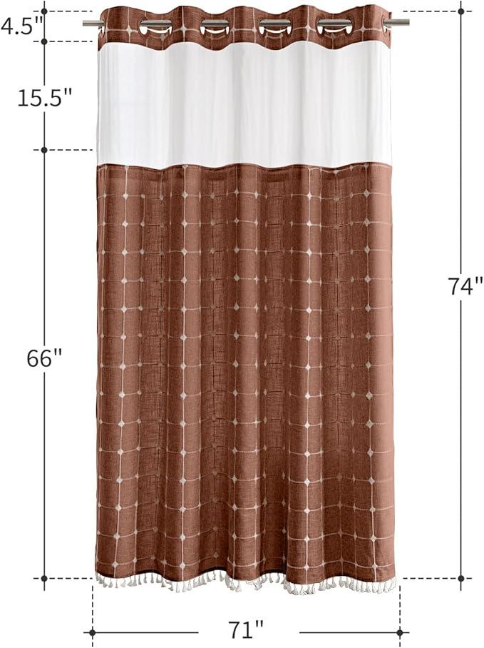 Farmhouse Shower Curtain with Snap-in Liner, No Hooks Needed Fabric Shower Curtains with Tassels for Rustic Bathroom Decor, with Window,with Magnets,Water Repellent&Machine Washable,Orange,71x74Inch - ModernBath