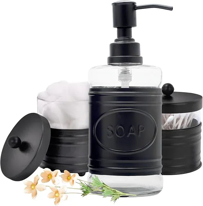 Autumn Alley Adorable 3 Piece Modern Farmhouse Bathroom Accessory Set for Sink/Vanity - Matte Black Soap Dispenser, Cotton Ball Container with Lid, Qtip Organizer – Rustic Farmhouse Bathroom Decor - ModernBath