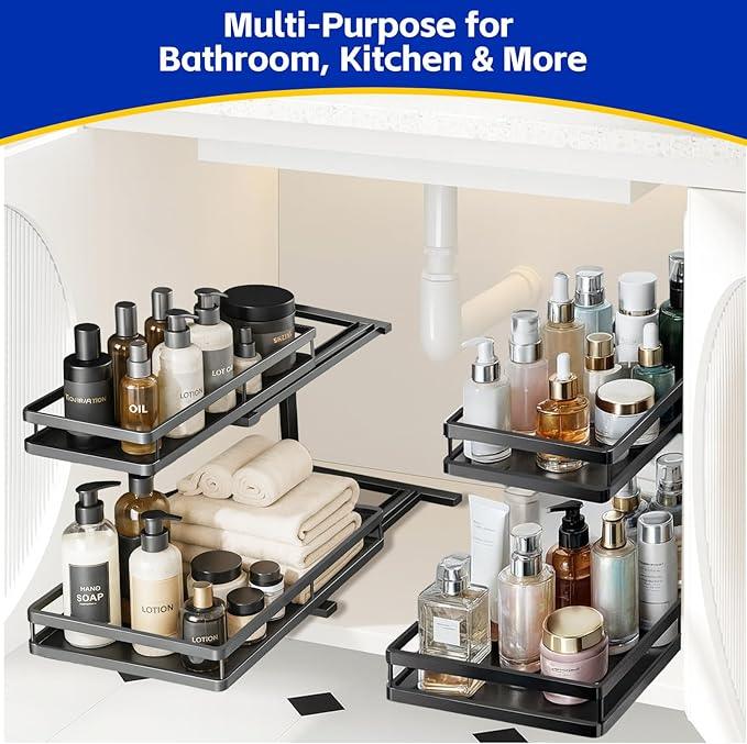 Under Sink Organizer, Dual-Rail Ball-Bearing, Under Kitchen Sink Organizer, 6-Level Adjustable, Under Cabinet Organizer, No-Drill Adhesive/Suction, Under Sink Storage (Matte Black, 2-Pack) - ModernBath