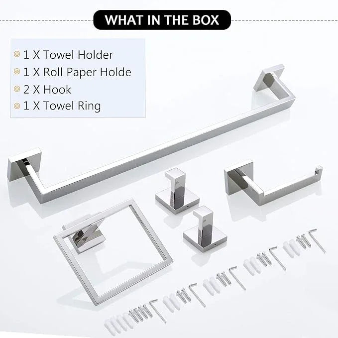 TNOMS Bathroom Hardware Accessories Set Polished Chrome Towel Bar Sets Include Towel Bar Towel Holder Toilet Paper Holder Towel Hook,5 Pieces Stainless Steel Wall Mounted - ModernBath