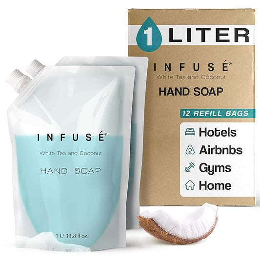 INFUSÉ 1 Liter Hand Wash Refill Bag For Soap Dispensers | Bulk Toiletries for Vacation Rentals, and Home Bathroom Showers | White Tea and Coconut | Set of 12
