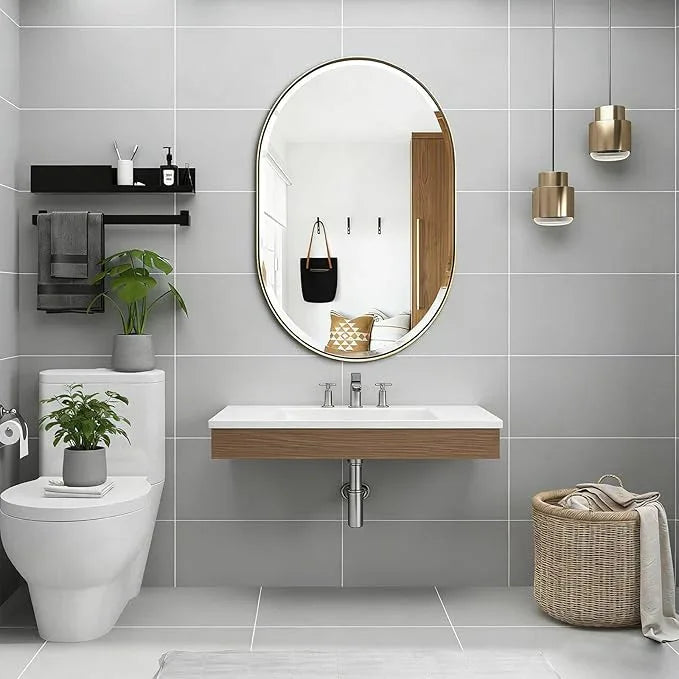 POZINO Oval Mirror Over Sink, Brushed Gold Beveled Bathroom Mirror, 22"x30" Vanity Wall Mirrors with Stainless Steel Frame, Brass Modern Rounded Mirrors for Bedroom Living Room Entryway - ModernBath