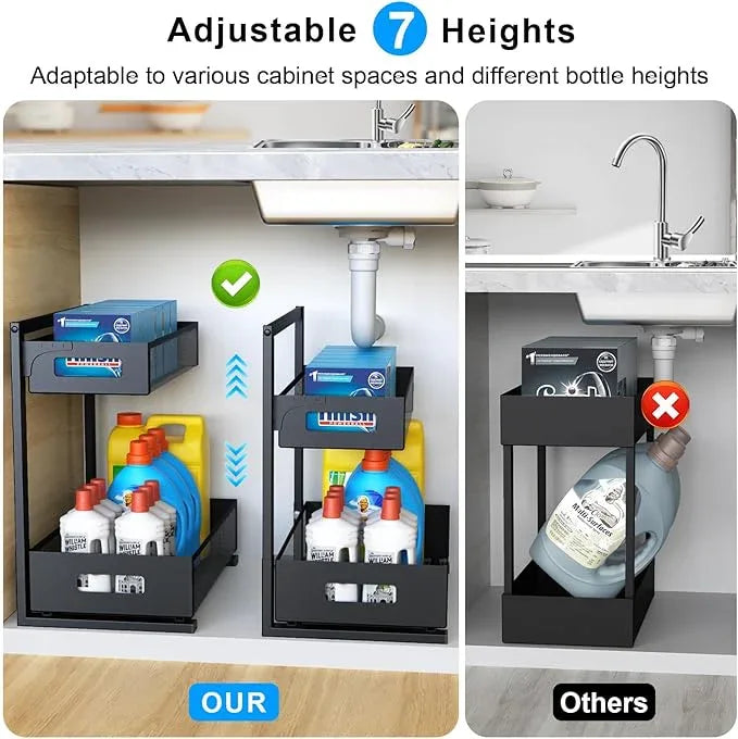 Under Sink Organizer Pull Out Cabinet Organizer Adjustable Height 2 Tier with Sliding Drawers Kitchen Bathroom Organizer and Storage(1pc) - ModernBath