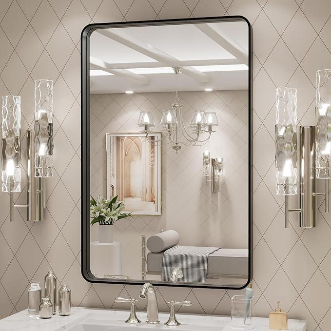 LOAAO 24X30 Inch Black Metal Framed Bathroom Mirror for Wall, Matte Black Bathroom Vanity Mirror Farmhouse, Large Rounded Rectangle Mirror, Anti-Rust, Hangs Horizontally or Vertically - ModernBath
