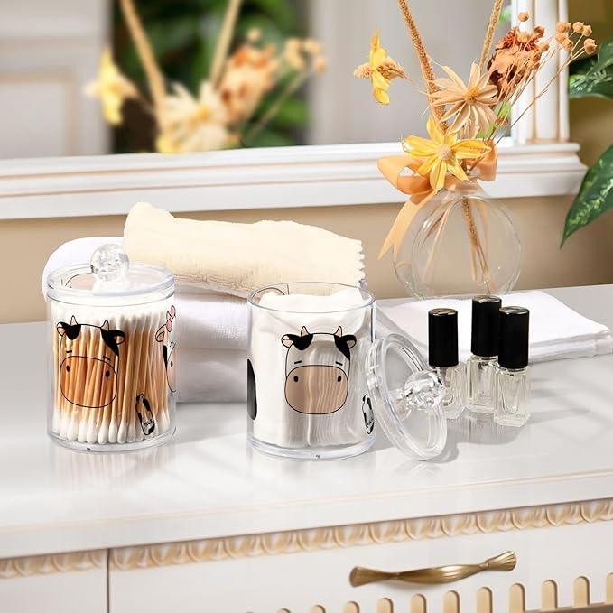 Tatenale Qtip Holder Bathroom Set Q tip Cotton Ball Swab Pad Dispenser Container Organizer Plastic Jars with Lids Storage 2Pack Cute Cow and Milk - ModernBath
