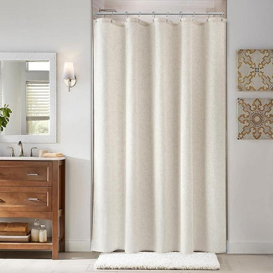Naturoom 54 Inch Shower Curtain - Narrow Half Small Beige Linen Ultra Thick Fabric Shower Curtain Set with 10 Hooks, Natural Boho Farmhouse Rustic RV Camper Bath Curtains for Bathroom, Cream - ModernBath