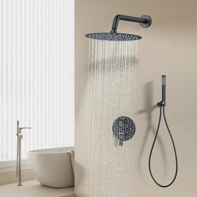 KOJOX 12-Inch Matte Black High-Pressure Shower System: Complete Set with Rainfall & Handheld Shower Heads, Wall-Mounted Mixer Faucet, Rough-In Valve, & Trim Kit for Bathroom - ModernBath