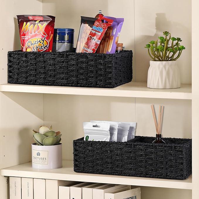 Vagusicc 2 Section Wicker Storage Basket, Black Wicker Baskets, Toilet Tank Basket, Small Baskets for Organizing Storage Shelves, 2-Pack - ModernBath