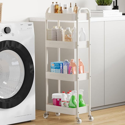 4 Tier Slim Kitchen Storage Cart for Narrow Space, 7.1'' Wide Metal Rolling cart with Wheels and Lockable Casters, Sturdy Mobile Thin Shelf for Laundry Room Between Washer and Dryer, White