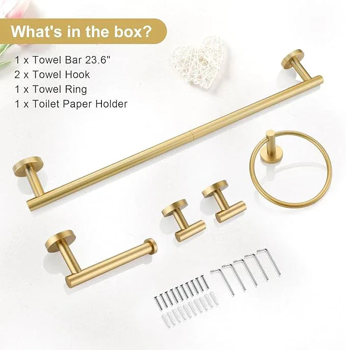 TQKAG 5 Piece Bathroom Accessories Set Brushed Gold Bathroom Hardware Set 23.6 Inch Bath Towel Bar Set SUS304 Stainless Steel Towel Rack Set - ModernBath