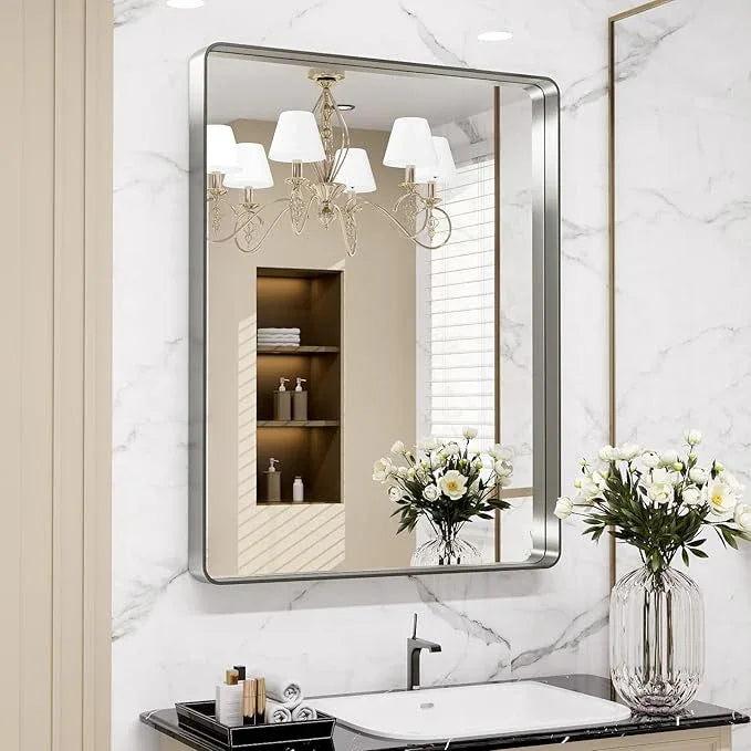 LOAAO 22X30 Inch Brushed Nickel Bathroom Mirror, Rounded Rectangle Silver Metal Frame Mirror, Brushed Nickel, Anti-Rust, Hangs Horizontally or Vertically - ModernBath