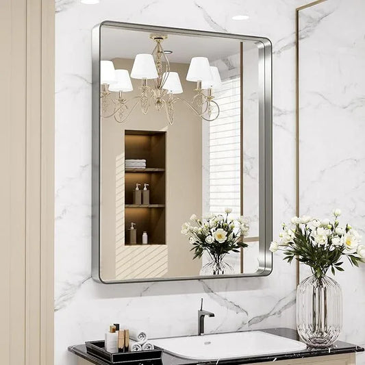 LOAAO 28X36 Inch Brushed Nickel Bathroom Mirror, Rounded Rectangle Silver Metal Frame Mirror, Brushed Nickel, Anti-Rust, Shatter Proof, Hangs Horizontally or Vertically - ModernBath