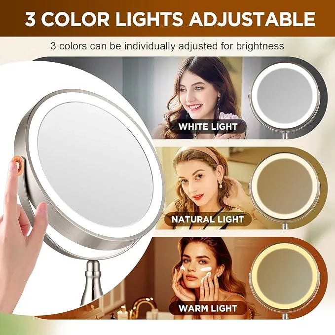 Makeup Mirror with Light, 30x Magnifying Mirror with 3 Lights Colors, 5000mAh Vanity Mirror Brushed Nickel - 360° Rotation, Brightness Adjustable Magnification, Modern Style Side Touch + Side Charge - ModernBath