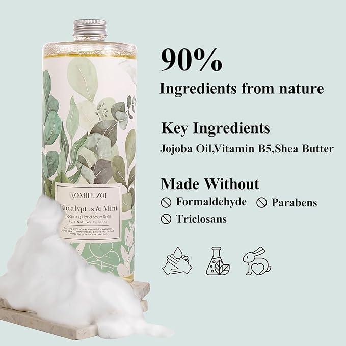 ROMIIE ZOI Eucalyptus & Mint Foaming Hand Soap Refills with Reusable Pump Dispenser - Natural & Cruelty-Free, Gentle & Moisturizing - Large Bottle Bulk for Home & Kitchen-1L/33.8oz (Pack of 3) - ModernBath