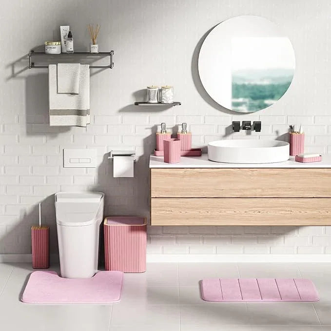 XLHOMO Bathroom Accessories Set - 25PC Pink Bathroom Set, Bathroom Set with Shower Curtain and Rugs, Pink Shower Curtain Set, Toilet Brush, Bathroom Trash Can - ModernBath