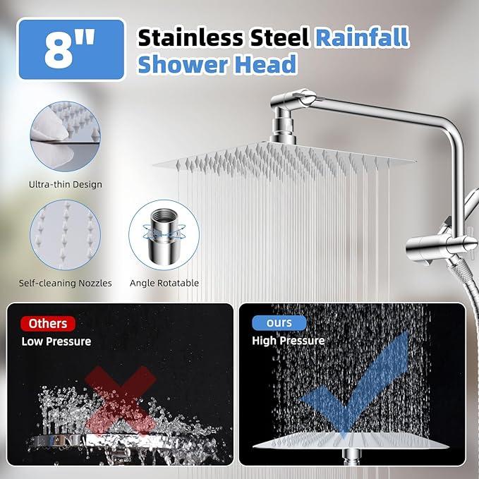 All Metal Shower Head, 8" High Pressure Rainfall/Handheld Shower Combo with 11" Extension Arm, 10-Spray Handheld Showerhead, 71" Long Hose, 3-Way Diverter Valve, Chrome - ModernBath