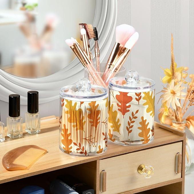 Tatenale Qtip Holder Bathroom Set Q tip Cotton Ball Swab Pad Dispenser Container Organizer Plastic Jars with Lids Storage 2Pack Yellow Thanksgiving Autumn Leaves - ModernBath
