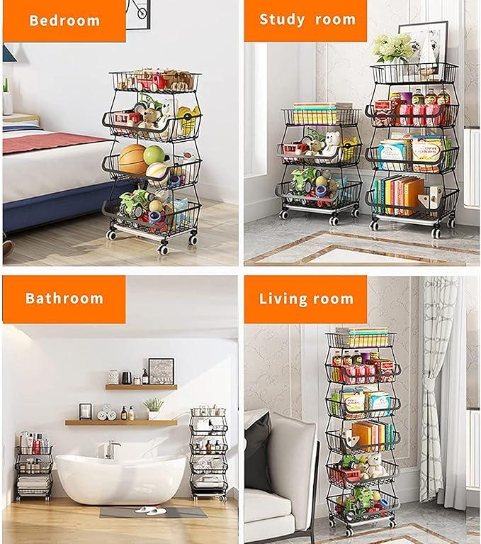 Metal Wire Baskets with Wheels, Stackable Storage Bins Kitchen Organizer Shelf 3-4-5-6 Tier Fruit Vegetable Cart Dishes Seasonal Rack Shelves for Garage, Pantry, Bathroom - ModernBath