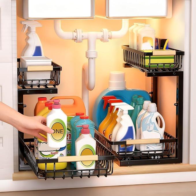 Under Sink Organizer, 2 Tier Pull Out Under-Sink Shelves, Adjustable Height (13.8" -16.9"), Sturdy Metal Storage Organizer for Bathroom Kitchen Pantry Cabinet (2 Packs, Black) - ModernBath