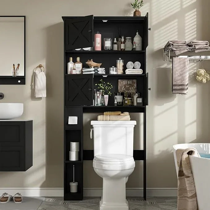 Over The Toilet Storage Cabinet, Farmhouse Storage Cabinet Over Toilet with 4 Barn Doors & Toilet Paper Holder Stand, Black Toilet Shelf Home Space Saver for Restroom, Bathroom, Laundry - ModernBath
