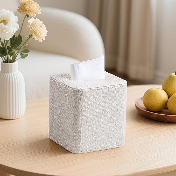 Cretkhp Square Linen Tissue Box Cover with Magnetic Closure, Modern PU Leather Tissue Box Holder for Bathroom Vanity NightStands Bedroom Office Desk, Stylish Cube Tissue Holder - ModernBath