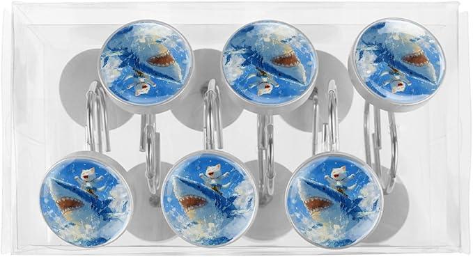 Cat Riding Shark Shower Curtain Hooks Rings, Stainless Steel Rust Proof Shower Curtain Hooks, Decorative Shower Hooks for Bathroom Shower Rods Curtains, Set of 12 - ModernBath