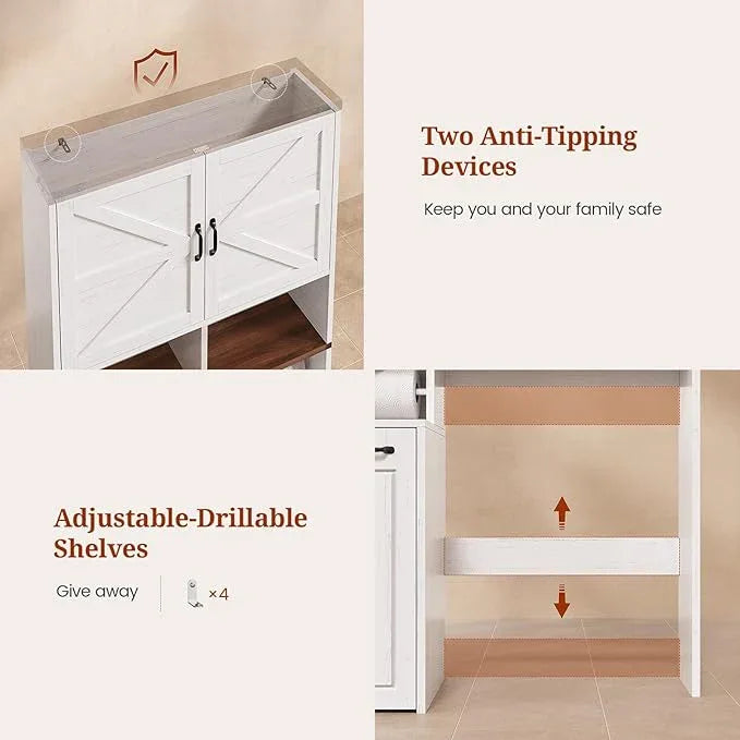 Farmhouse Over The Toilet Storage Cabinet with Pulley Small Bathroom Storage Cabinet, Space Saver W/Adjustable Shelf & Open Shelf for Bathroom, Restroom, Laundry (White Brown-Type B) - ModernBath