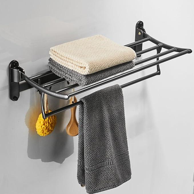 BESy 24 Inch Oil Rubbed Bronze Towel Racks, Bathroom Towel Shelf with Foldable Towel Bar Holder and Towel Hooks, Wall Mounted Multifunctional Bathroom Accessories, Double Towel Bars - ModernBath