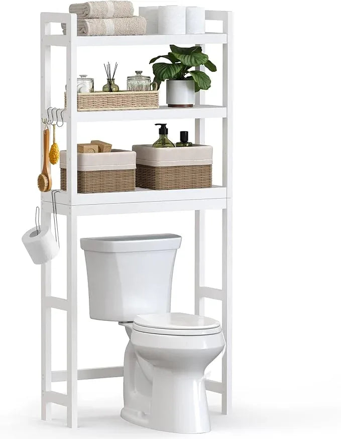 SONGMICS Over The Toilet Storage, 3-Tier Over Toilet Bathroom Organizer with Adjustable Shelf, 10.2 x 24.8 x 66.9 Inches, Space-Saving, Cloud White UBTS01WT - ModernBath