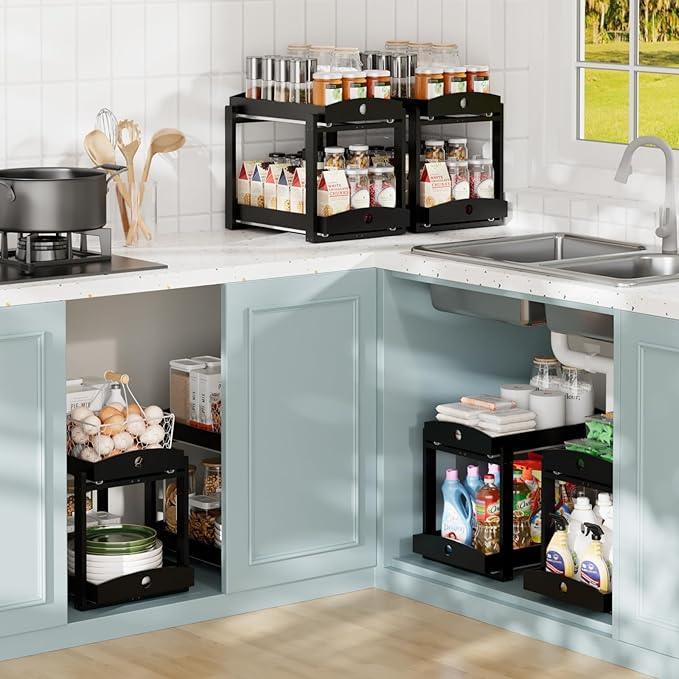 2 Pack Under Sink Organizer, Bamboo Wooden 2-Tier Pull-Out Storage with Sliding Drawers for Kitchen and Bathroom Cabinets, Easy Installation (Black) - ModernBath