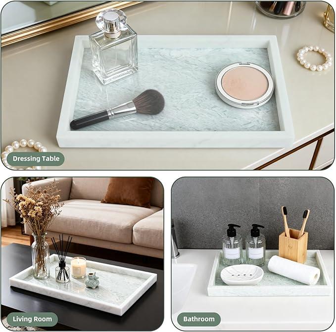 Yew & Tulip Natural Marble Vanity Tray, Luxury Stone with Light Green Textures Serving Tray for Bathroom, Kitchen, Vanity, Home Decor, Wedding etc. (12" x 8" x 1.2") - ModernBath