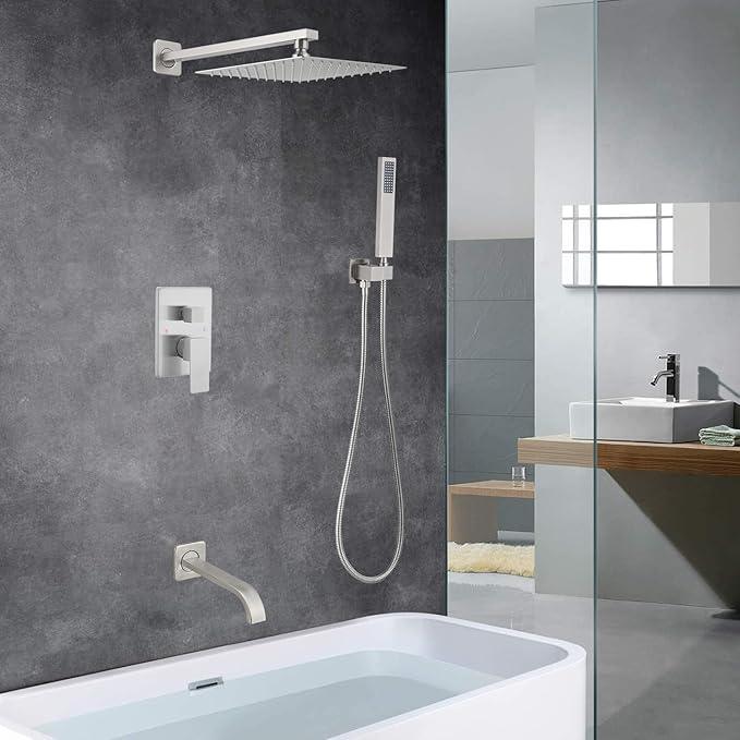 Heable Brushed Nickel Shower System Bathroom Shower Faucet Set with Tub Spout Wall Mounted 12 Inch Shower Head and Handle Set with Handheld 3 Function Tub and Shower Trim Kit with Valve - ModernBath