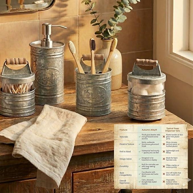 Autumn Alley Rustic Bathroom Accessories Set 4 - Galvanized Soap Dispenser, Rustic Toothbrush Holder, 2 Apothecary Jars Qtip Holder - Western Bathroom Decor – Farmhouse Bathroom Decor Accessories - ModernBath