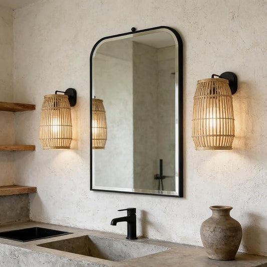 POZINO Beveled Mirror Over Sink, 22"x35" Black Arched Bathroom Mirror, Modern Rounded Rectangle Mirrors with Stainless Steel Frame, Vanity Wall Mirrors for Bedroom Living Room Entryway Fireplace - ModernBath