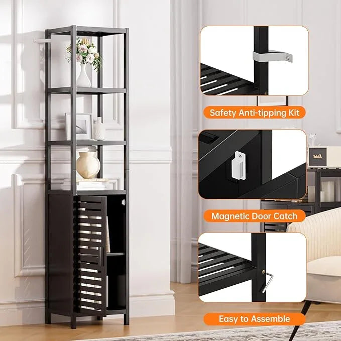 HITNET Bathroom Cabinet Freestanding, Tall Slim Bamboo Storage Cabinet with Shelves and Door, Space Saving Kitchen Cupboard Organizer, Black - ModernBath