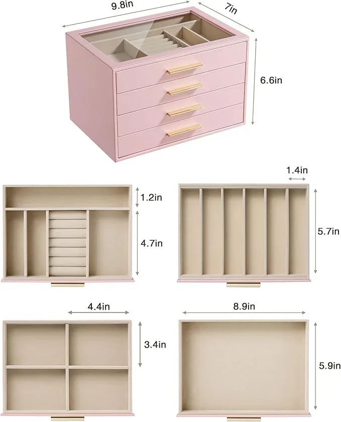 pickpiff Jewelry Box Organizer Case for Women: 4-Layer Jewelry Storage Case with Glass Window, Pink Leather with Velvet Holder for Ring Necklace Bracelet Brooch Watch, Great Gift for Her - ModernBath