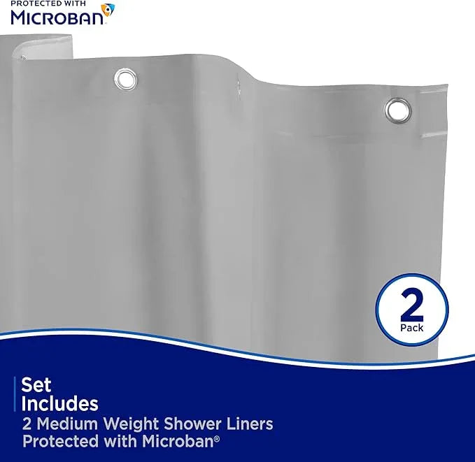 Kenney MB61159PK2 Microban Protected Medium Weight 4.8 Gauge Waterproof PEVA Shower Curtain Liner with Rust-Resistant Metal Grommets and Weighted Magnetic Hem for Bathroom, 70" W x 72" H, Gray, 2-Pack - ModernBath