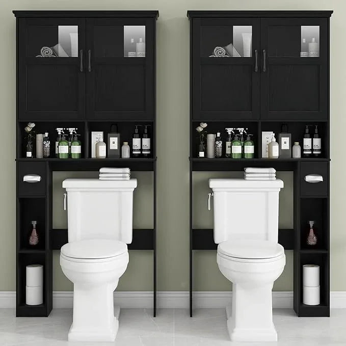Vabches Over The Toilet Storage Cabinet, Storage Cabinet Over Toilet with Double Doors & Toilet Paper Holder Stand, Freestanding Toilet Shelf Space Saver with Anti-Tip Design & Adjustable Shelf, Black - ModernBath