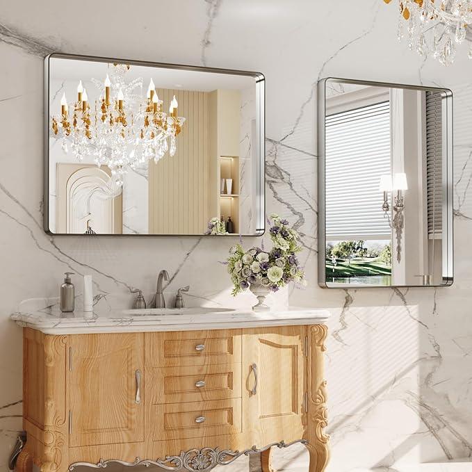 LOAAO 40X24 Inch Brushed Nickel Bathroom Mirror, Rounded Rectangle Silver Metal Frame Mirror, Brushed Nickel, Anti-Rust, Hangs Horizontally or Vertically - ModernBath
