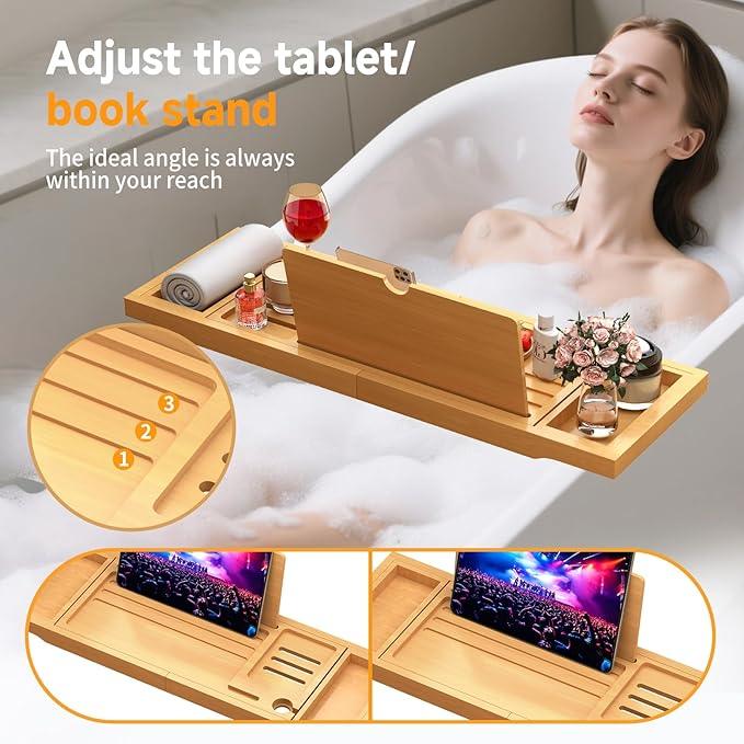 Premium Bamboo Bathtub Caddy Tray with Extending Sides, Adjustable Wood Bath Tray for Luxury Bath, Fits Most Tubs, Accessories Gift Idea - ModernBath