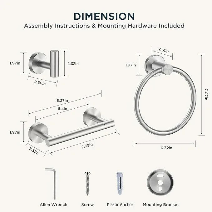 FORIOUS 4 Piece Bathroom Accessories, SUS304 Stainless Steel Double Post Pivoting Toilet Paper Holder, Towel Ring and 2 Towel Hooks, Wall Mounted Bathroom Hardware Set (Brushed Nickel) - ModernBath