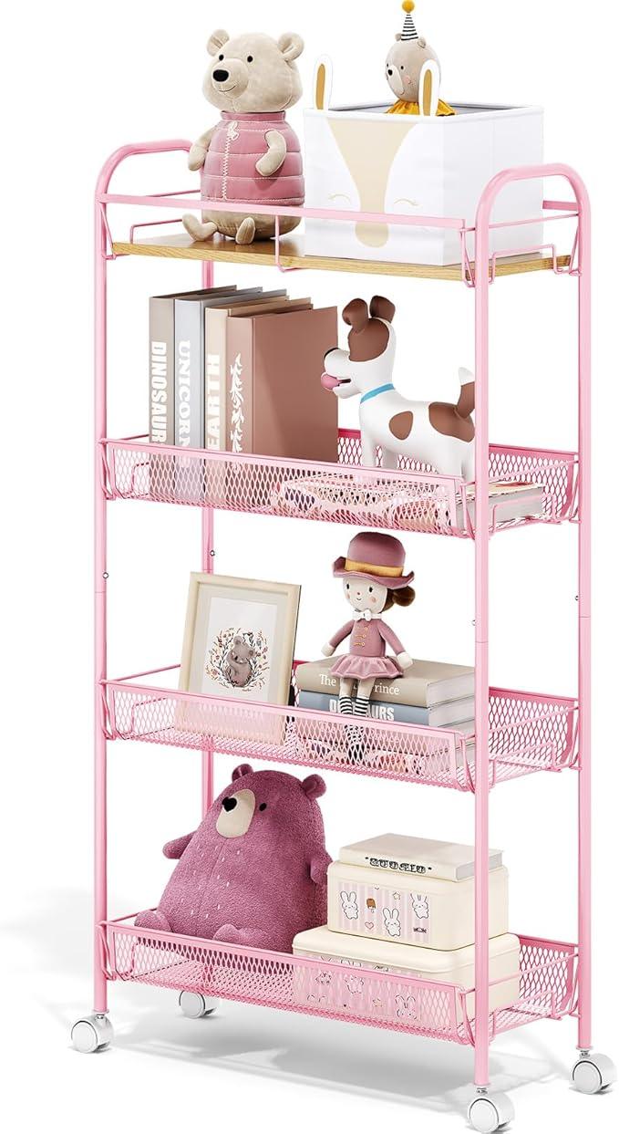 TOOLF 4-Tier Slim Rolling Cart, Metal Storage Cart with Wooden Tabletop and Mesh Baskets for Narrow Space on Kitchen Bathroom Laundry Room Bedroom Apartments Dormitory - ModernBath