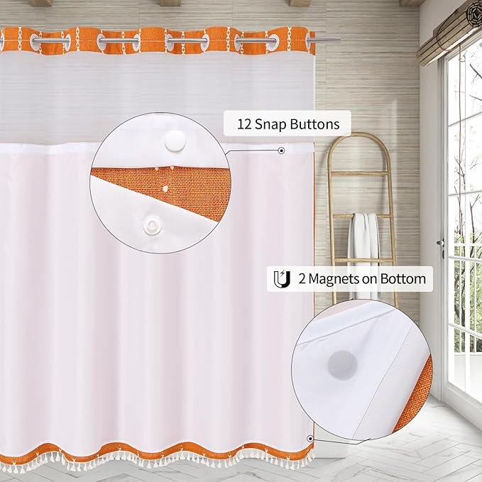MitoVilla No Hooks Needed Orange Shower Curtain with Snap-in Liner - with Window & Magnets, Boho Cotton Linen Fabric Shower Curtains with Tassels for Rustic Bathroom Decor, Burnt Orange, 72 x 74 - ModernBath